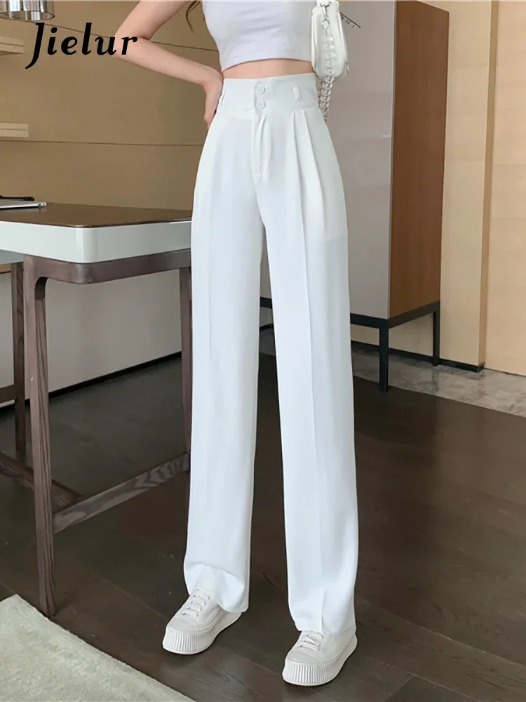 Jielur Spring Autumn Office Lady Wide Leg Pants Fashion Casual Loose High Waist Zipper Up Black White Straight Trousers