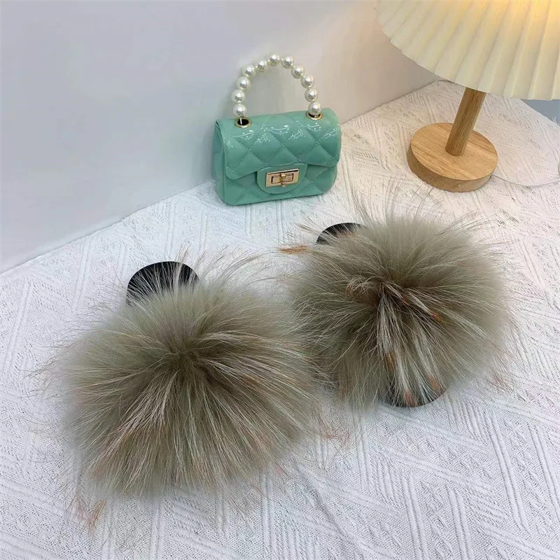 Kids Fox Fur Slippers and Purse Set Wholesale Furry Fluffy Fur Slideshow Toddler Girl Shoes Child