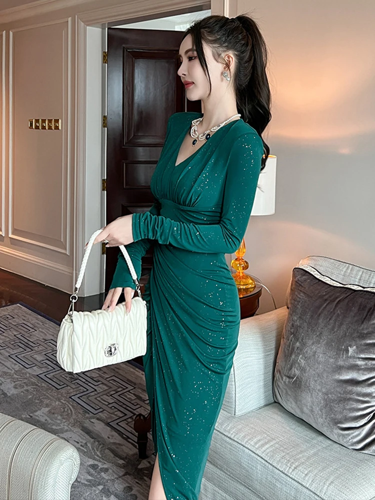 Spring Autumn Women Evening Dress Glitter Sequin Sexy V-Neck Skinny Midi  Dresses Party Gown Birthday Robe Stretchy Mujer Vestido - AliExpress  200000345