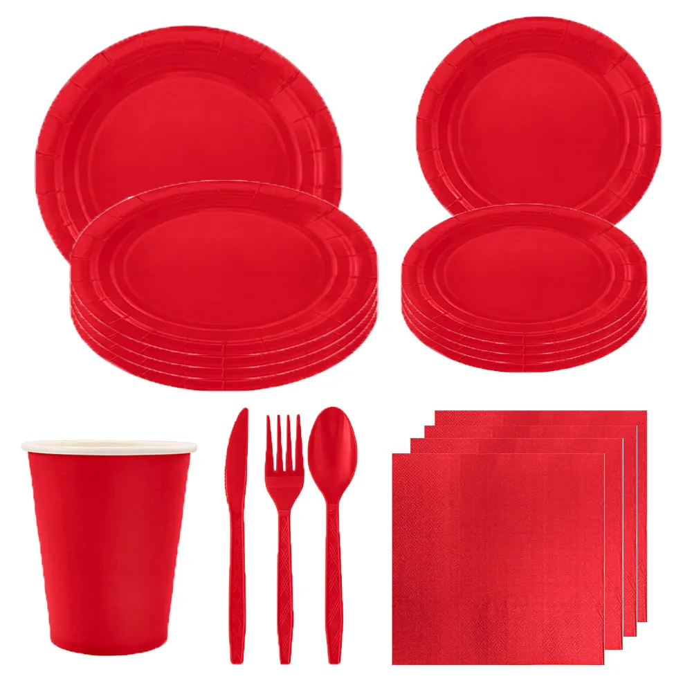 Red Party Decorations Solid color Disposable Tableware Set Disposable Party Plates Cups Red tablecloth Birthday Party Supplies