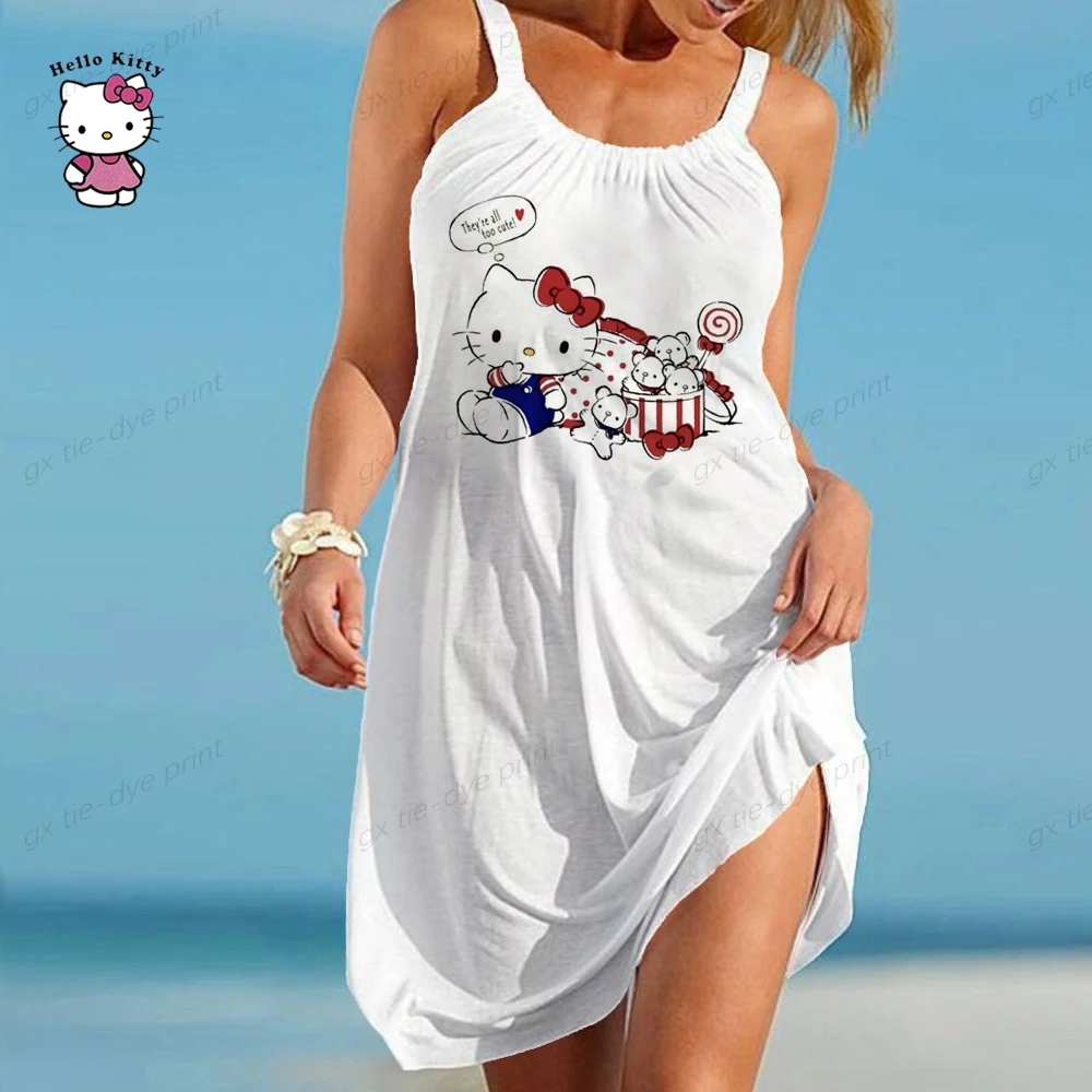 

Hello Kitty Print Sleeveless Dress Women Vacation Beach Mini Hawaiian Dress Boho O Neck Casual Mini Dresses 2023