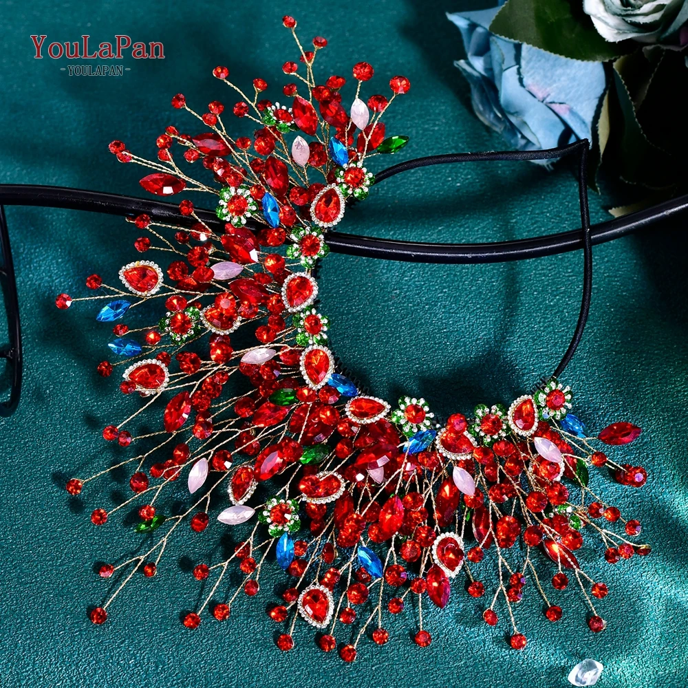 YouLaPan 럭셔리 레드 컬러 라인스톤 신부 크라운 헤어 후프 액세서리 여성 웨딩 파티 연회 티아라 헤드피스 HP861
