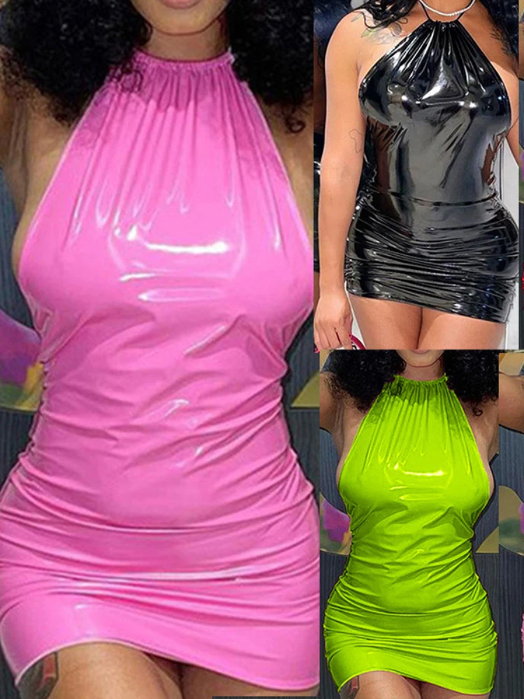 

exy Shiny Candy Color Imitation PU Leather Slim Bodycon Dress Women Sleeveless Wrap Chest Skinny Dress Club Party Vestidos