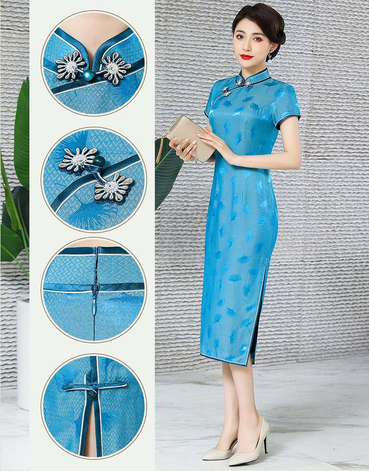 Robe Cheongsam Qipao Jacquard à col Mandarin pour femmes, robe mince à manches courtes, robes traditionnelles chinoises, robe de soirée formelle sexy