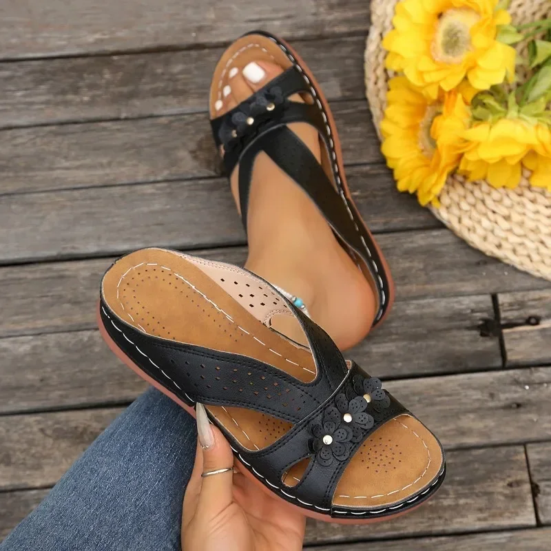 2025 New Plus Size Casual Cool Drag Fashionable Round Exposed Toe Anti-slip Flower Hollow Breathable Women's Shoes_vogvips.com