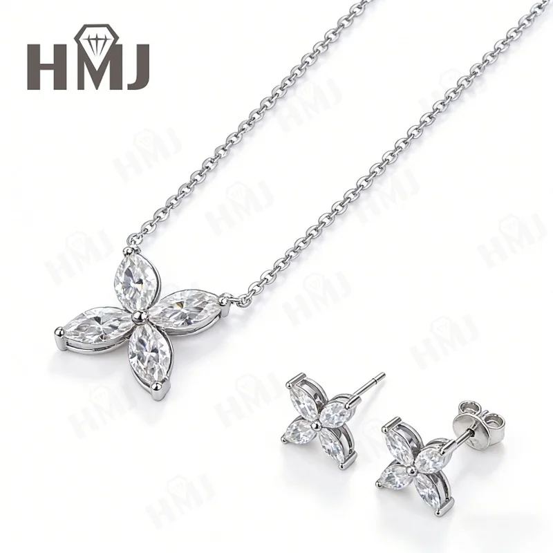 Moissant D Farbe Ohrringe Halskette für Frauen Marquise Cut Flower Diamond 925 Sterling Silber Hochzeitsschmuck mit Zertifikaten – Detail 3