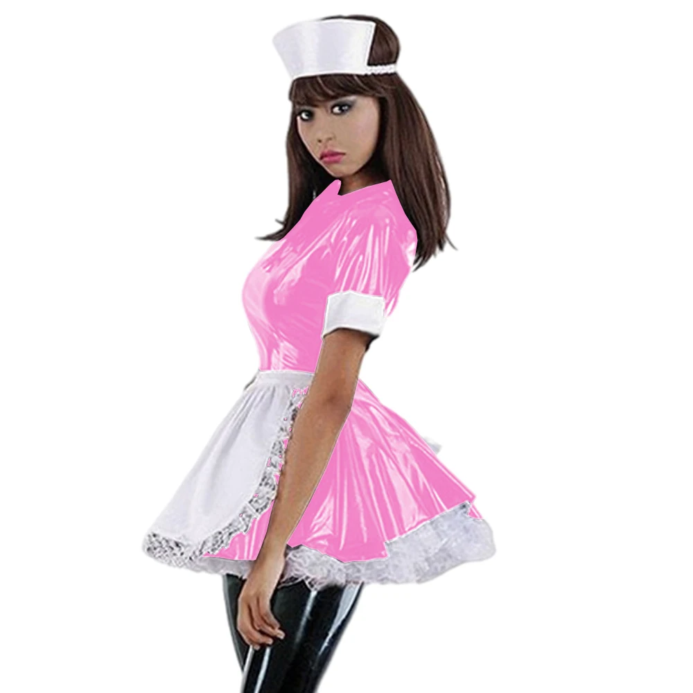 Women Sexy Pvc Nurse Dress Uniform Aline Dress French Maid Novelty Clubwear Lolita Style Women