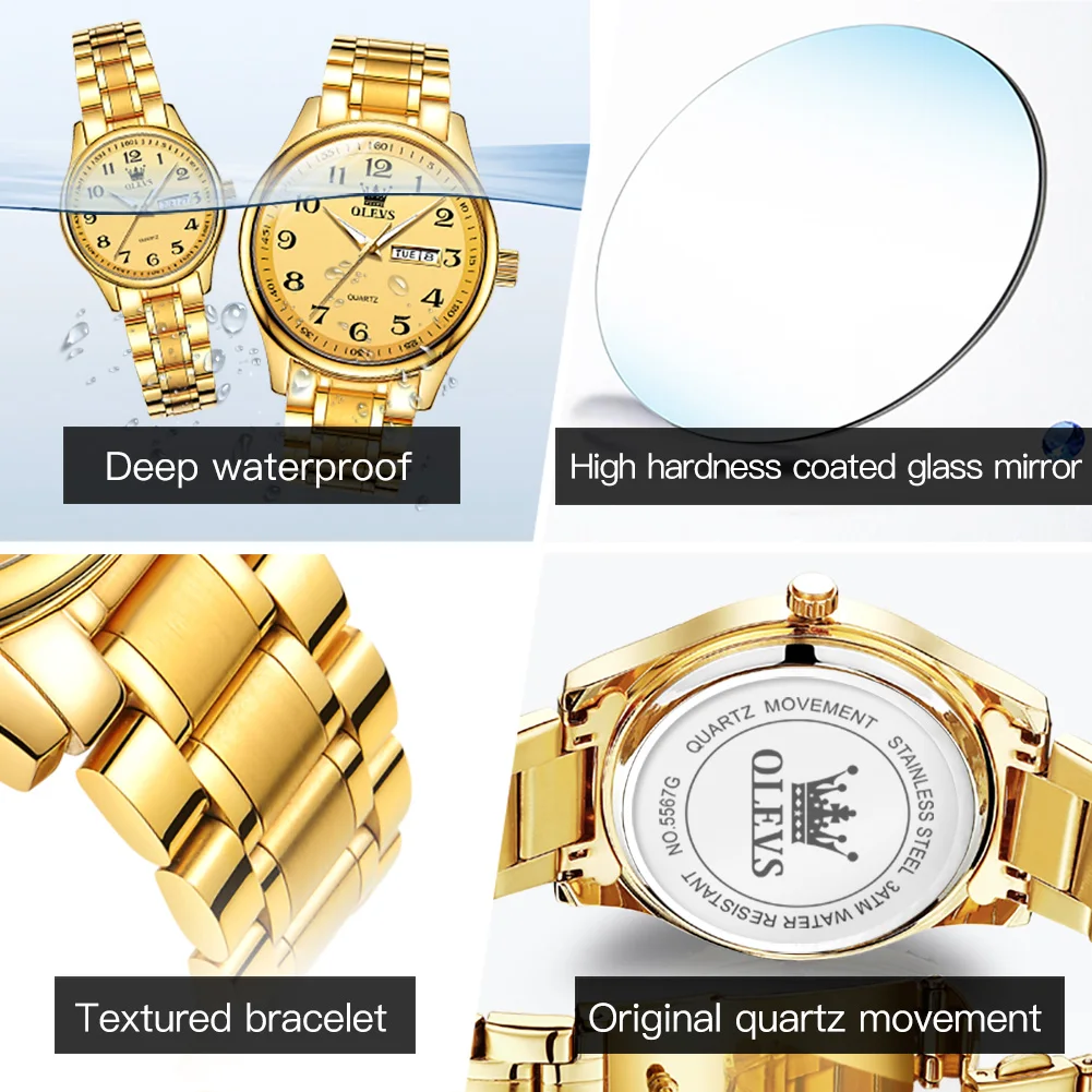 OLEVS 5567 Gold Stainless Steel Couple Watches Pair Men and Women Fashion Quartz Wristwatches Luxury Waterproof Lovers Watch Set