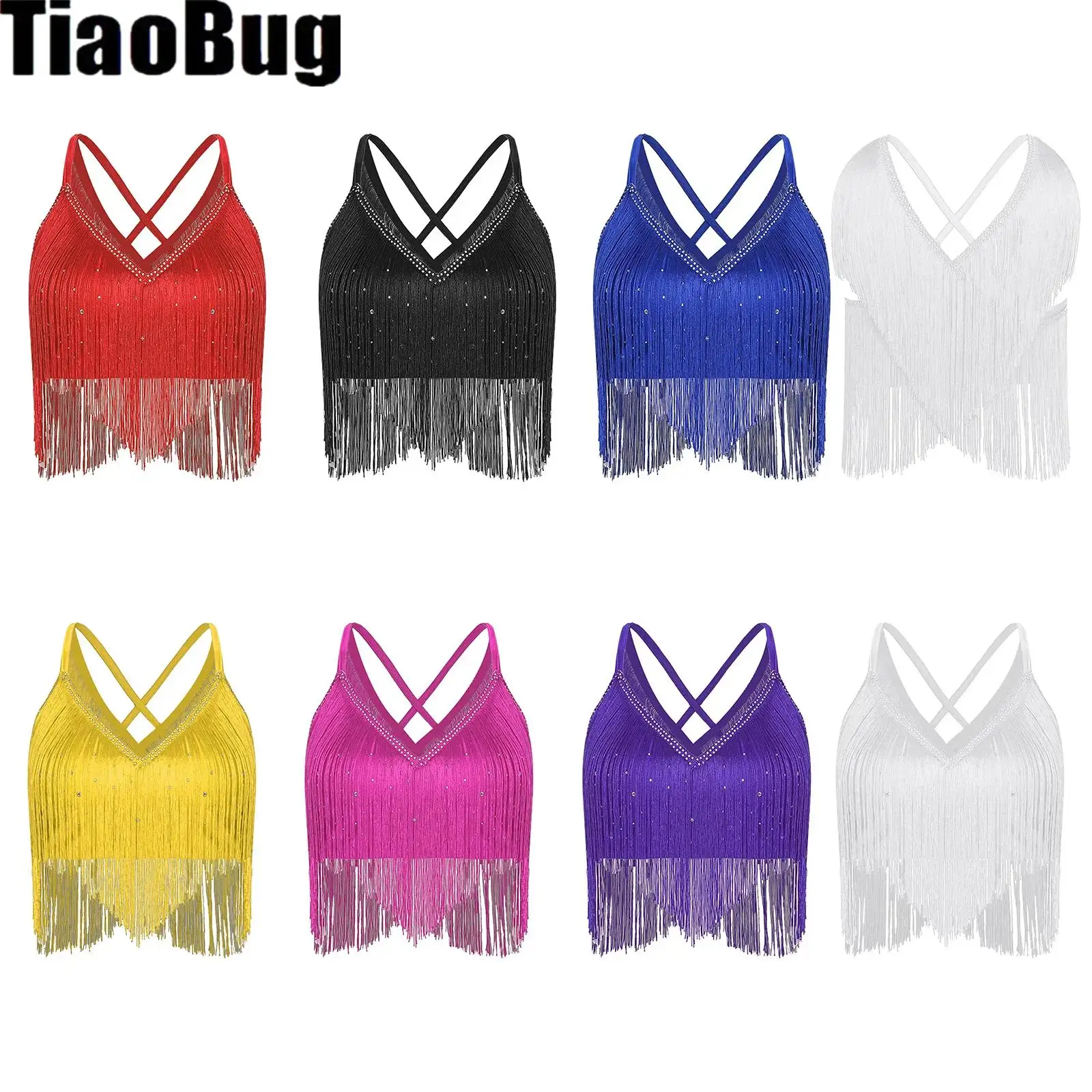 Women Salsa Latin Dance Tops V-Neck Sleeveless Crisscross Back Fringe ...