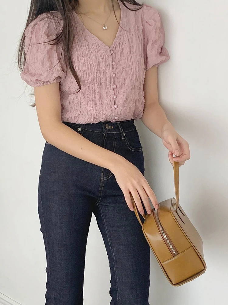 QOERLIN Fashion 2023 New Wrinkled Short Sleeve Buttons Pink Shirts Loose Gentle Chic Korean Solid Apricot Elegant Tops Blouse