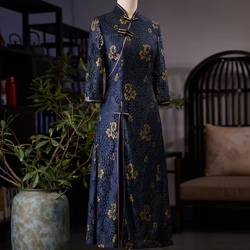 

Oriental Embrodiery Chiffon High Split Aodai Cheongsam Tradition Dress Sexy Seven Points Sleeve Women Qipao