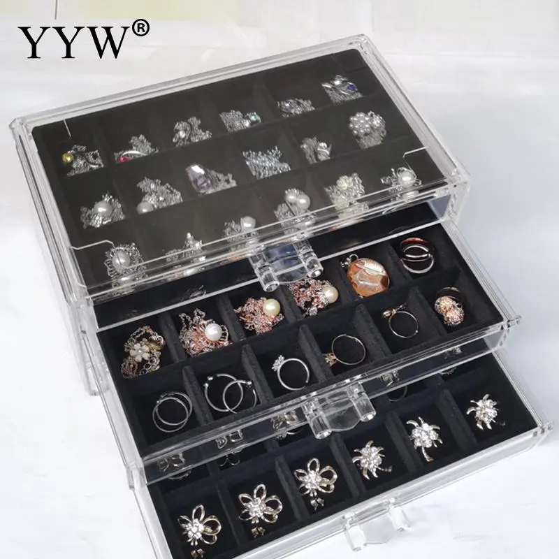 Clear Acrylic Jewellery Storage Box Women 3 Drawers Velvet Organiser  Earring Earbuds Rings Jewellery Cases Holder New Organizer