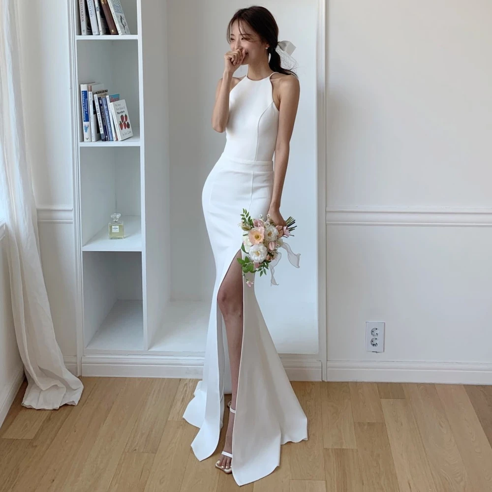 

SONDR Side Slit Simple Custom Made Gorgeous Ivory Satin Wedding Dresses Sleeveless 웨딩드레스 Brides Gowns for Women Bridal Dresses
