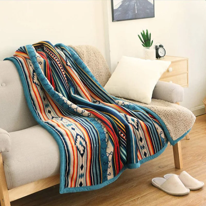 

Sherpa Throw Blanket Soft Plush Reversible Bohemian Flannel Blankets Boho Stripe Bed Blanket for Sofa & Couch Home Decors TJ7228