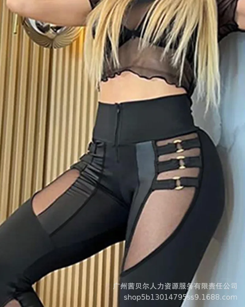 Pantalones con parche de malla transparente para mujer, calzas largas sexys  con agujeros, ajustados, Capris de fiesta nocturna, otoño, 2023 - AliExpress