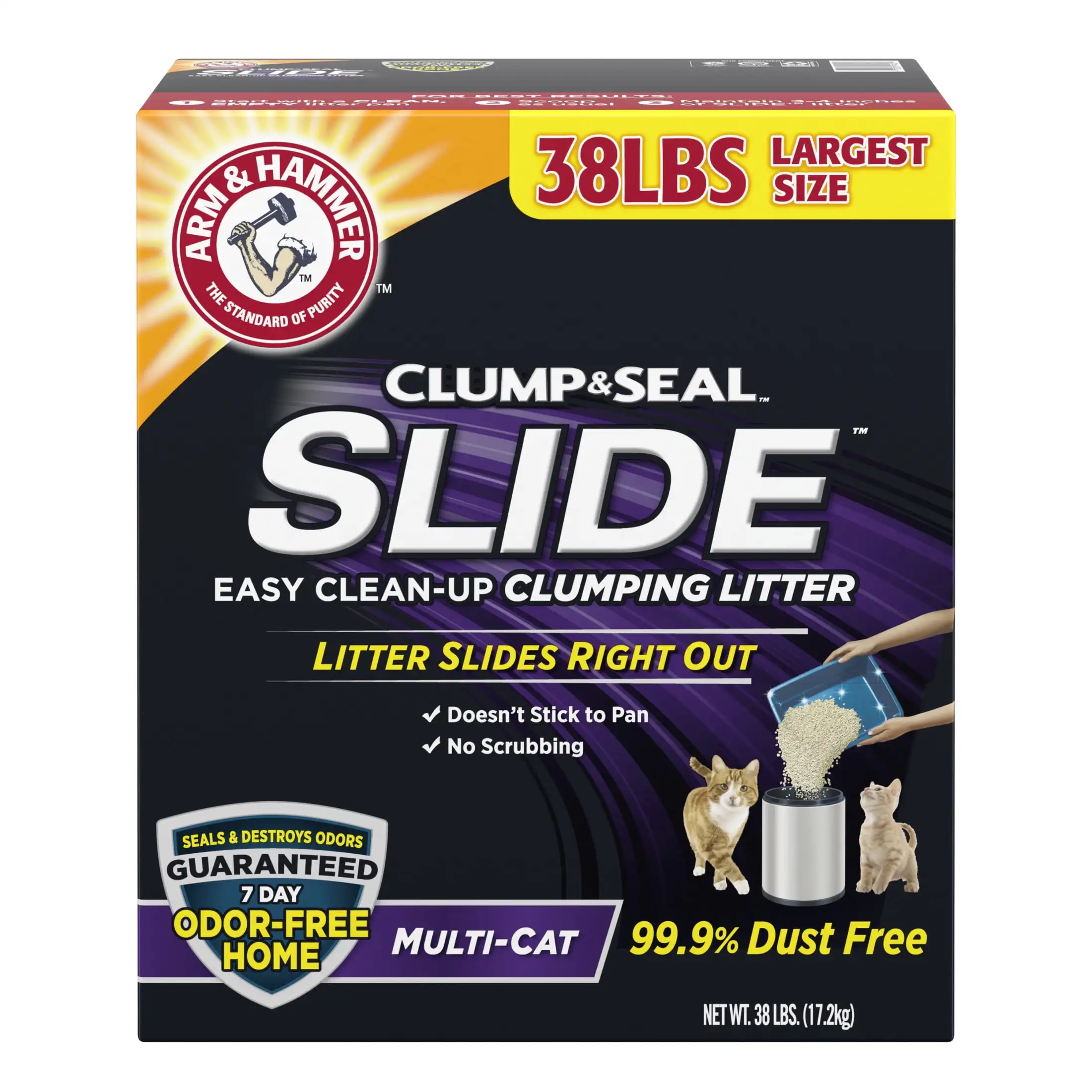 

ARM & HAMMER Clump & Seal SLIDE Cat Litter, Easy Clean-up Multi-Cat Clumping Litter, 38 lbs