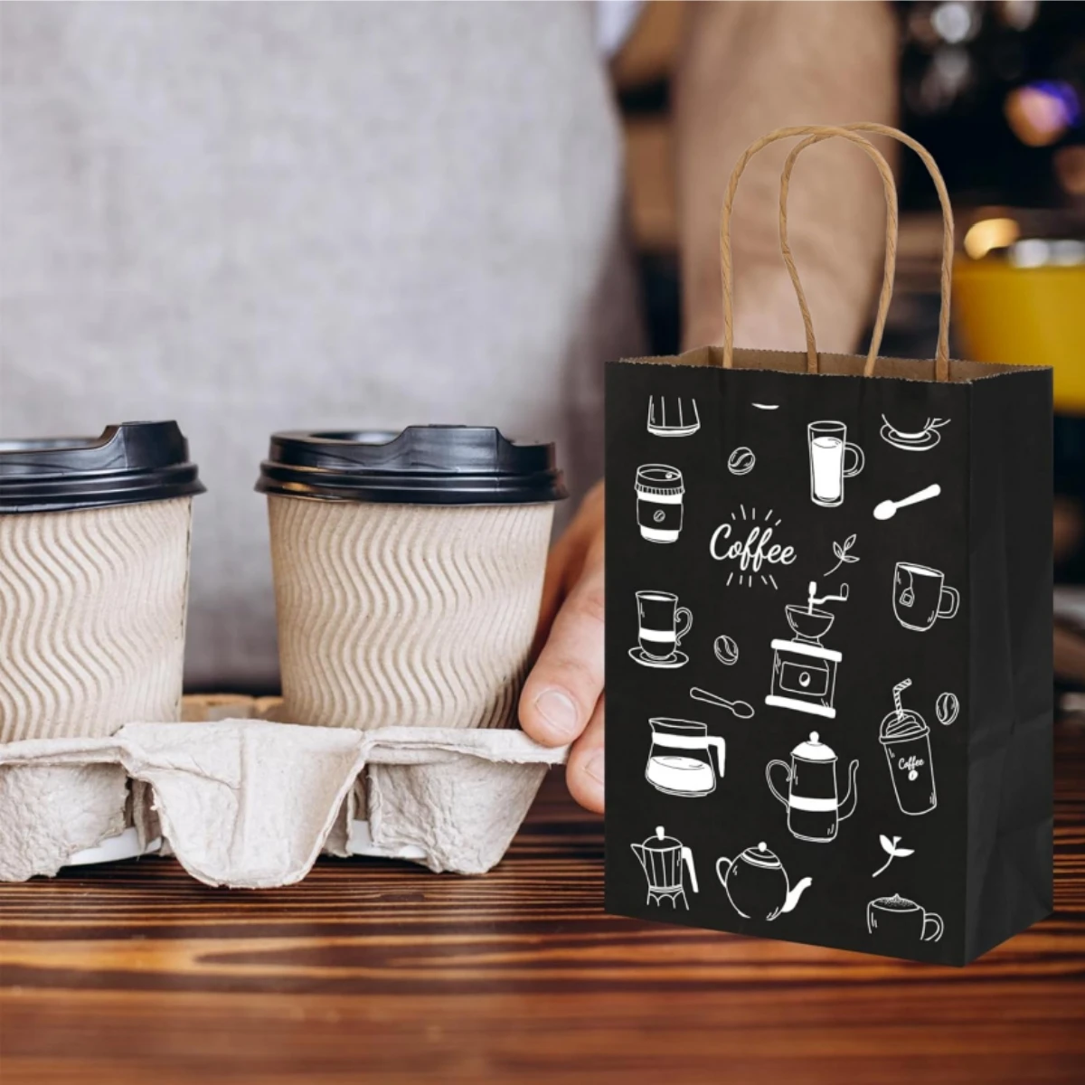 50 Stück schwarze Geschenktüten aus Kraftpapier mit Griffen – 5,9 x 3,15 x 8,25 Zoll große Beutel für kleine Unternehmen, Einzelhandel, Geburtstagsparty-Geschenke und – Detail 8