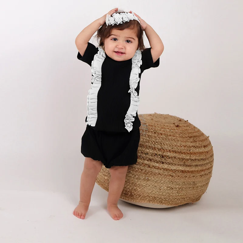 

Baby set summer clothes 2pcs top and bloomers black ribbed kids clothes girl clothes round neck short sleeves contrast ruffles