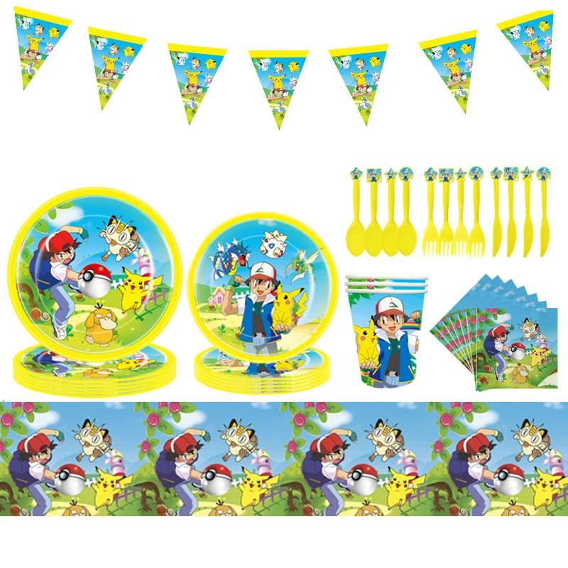 

New Pokemon Kawaii anime figure kids birthday party decor picnic tableware napkins straws Pikachu cartoon picnic party supplies