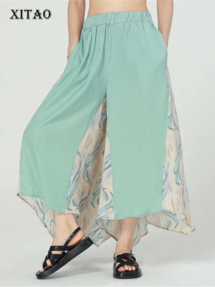 XITAO Print Pattern Wide Leg Pants Fashion Patchwork Split Elastic