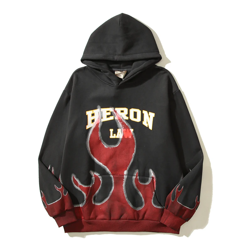 

Fashion Flame Letter Print Patchwork Fleece Hooded Sweatshirts Unisex Stranger Things Baggy Y2K Hoodies Pullover Oversized Hoody