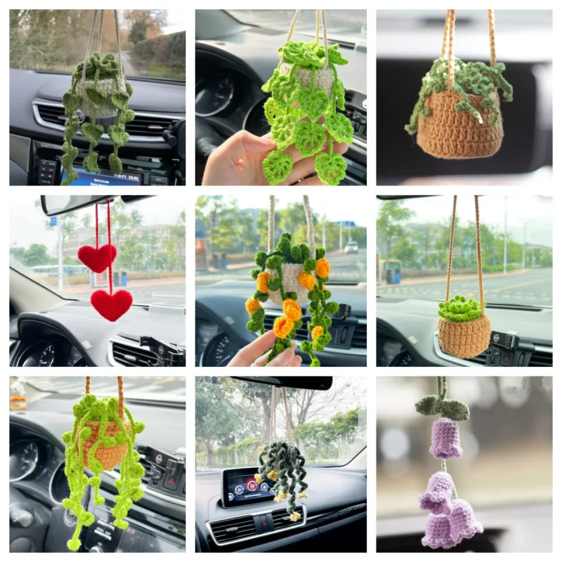 Auto Rückspiegel Anhänger,Auto-Zubehör zum Aufhängen,Häkeln Pflanze Blume Schaukel Auto Deko,Auto Autospiegel Hängendes Zubehör,Auto Spiegel Anhänger Ornament Innenraum Zubehör für Frauen Männer