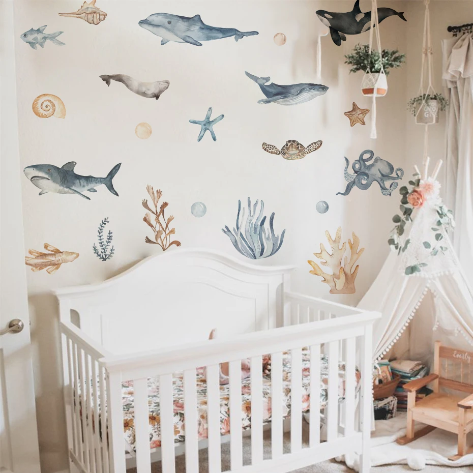 Watercolor Cartoon Sharks Wall Decals Ocean Animal Wall Sticker Under The Sea Marine Life Theme Decals Nursery Kids Room Decor wall stickers luminous wall stickers vinyl decal stickers