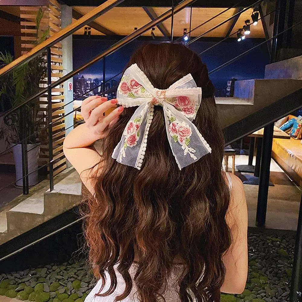 Fermaglio per capelli con fiocco in pizzo dolce ricamo floreale per lo Styling dei capelli morsetto a molla garza per capelli afferrare le donne ragazze - immagine 5