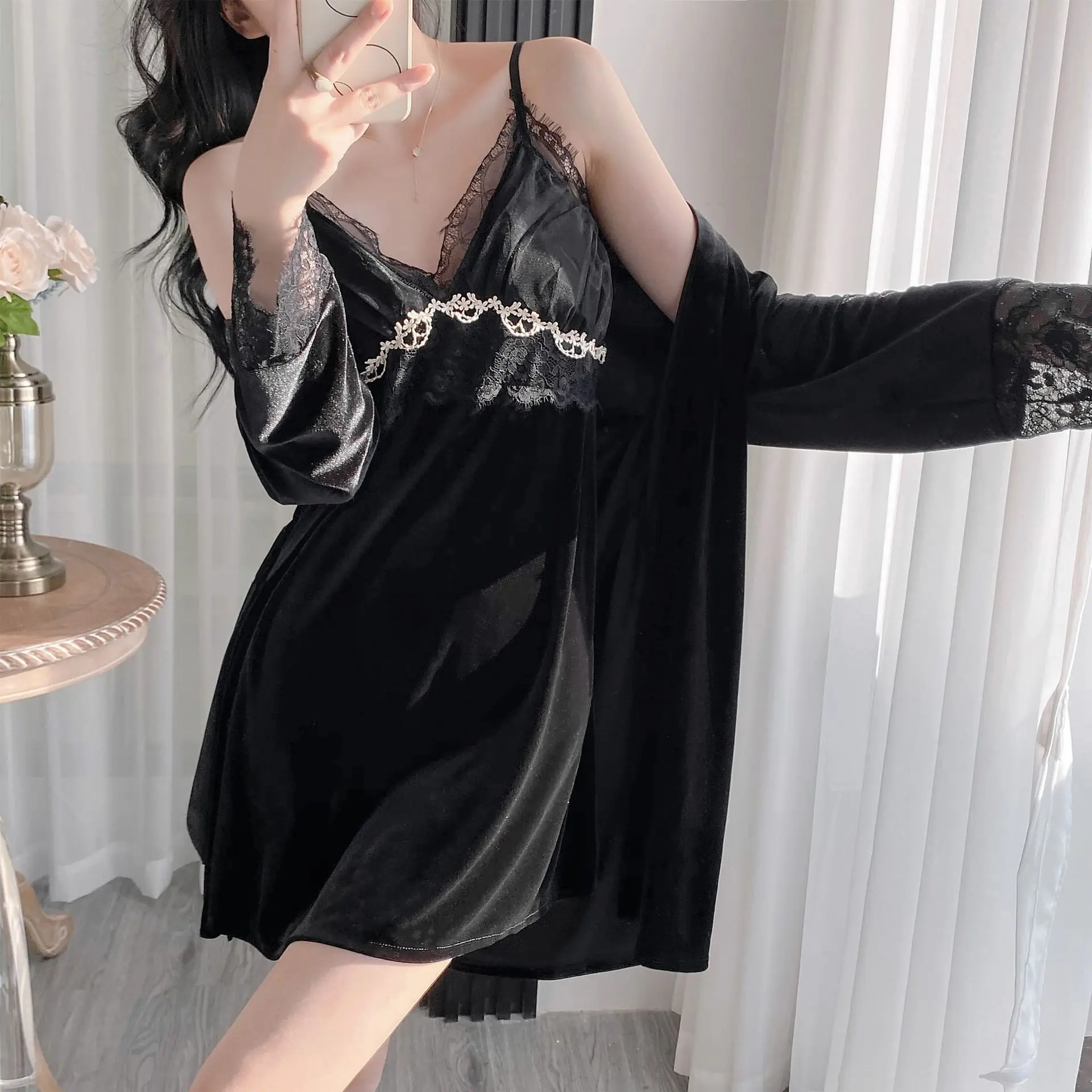 

Femlae Velvet Twinset Robe Nightgown Set Autumn Winter Sexy Lace Trim Kimono Bathrobe Gown Sleepwear Loose Velour Home Dress