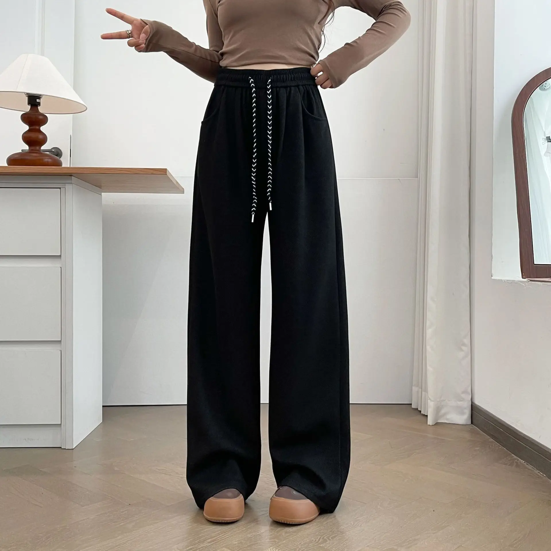 XXXXL Fashion Plus Size Women's Straight  Pants 2025 Winter New Style Simple Drawstring Waist Casual Fleece Warm Trousers 5008