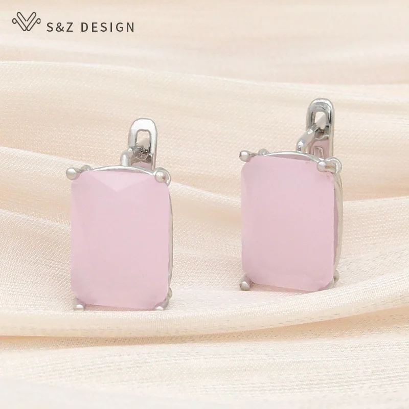 S&Z DESIGN New Fashion Elegant Pink Rectangle Crystal Dangle Earrings For Women Girl Wedding Party Jewelry Eardrop Fine Gift