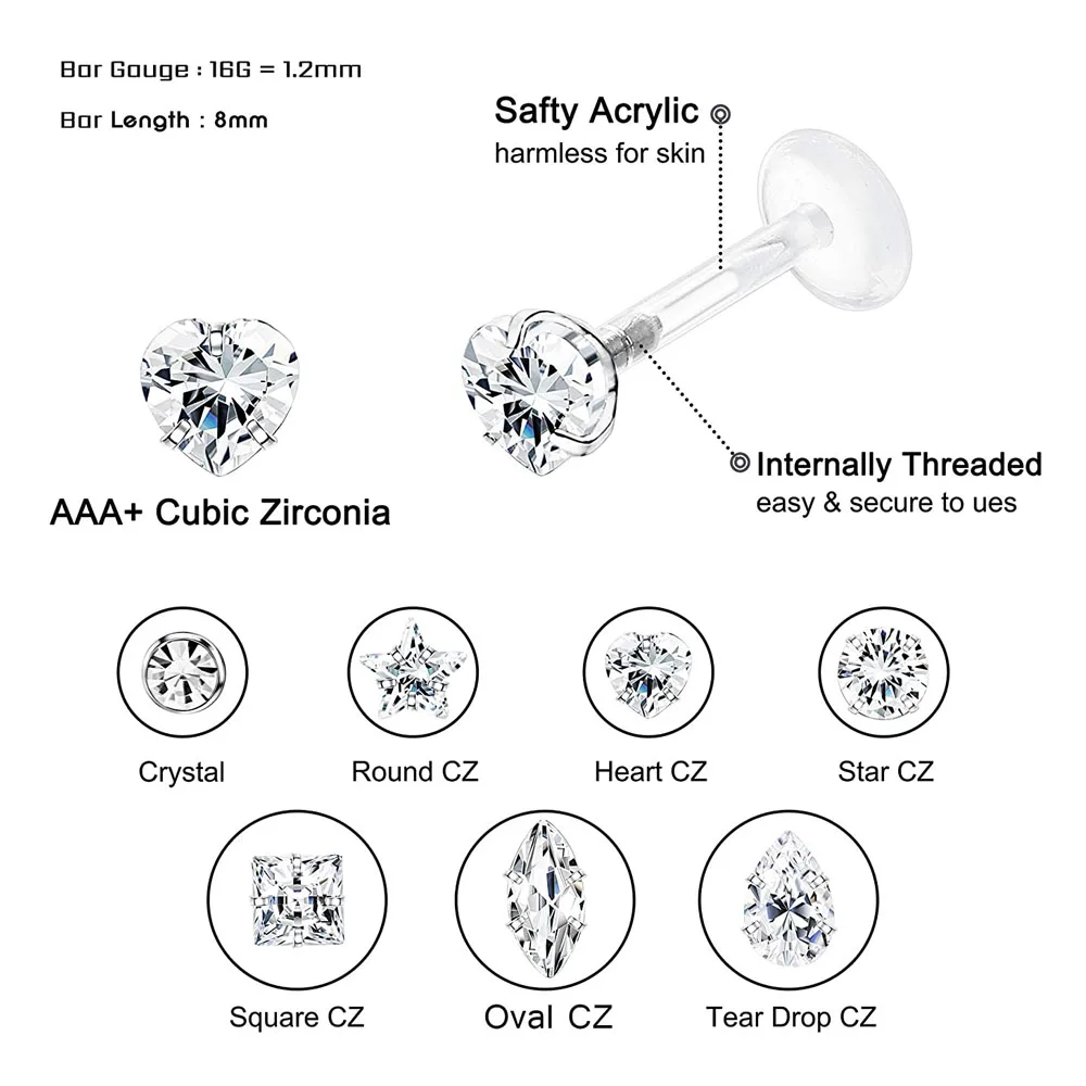 Piercing Jewelry Body Piercing Jewelry Body Jewelry Ear Piercing Jewelry Body Piercing Earrings Ear Studs 16G Forward Helix Cartilage Tragus Earring Studs Internal Threaded Labret Lip Monroe Ring 8MM Barbell Body Piercing Jewelry