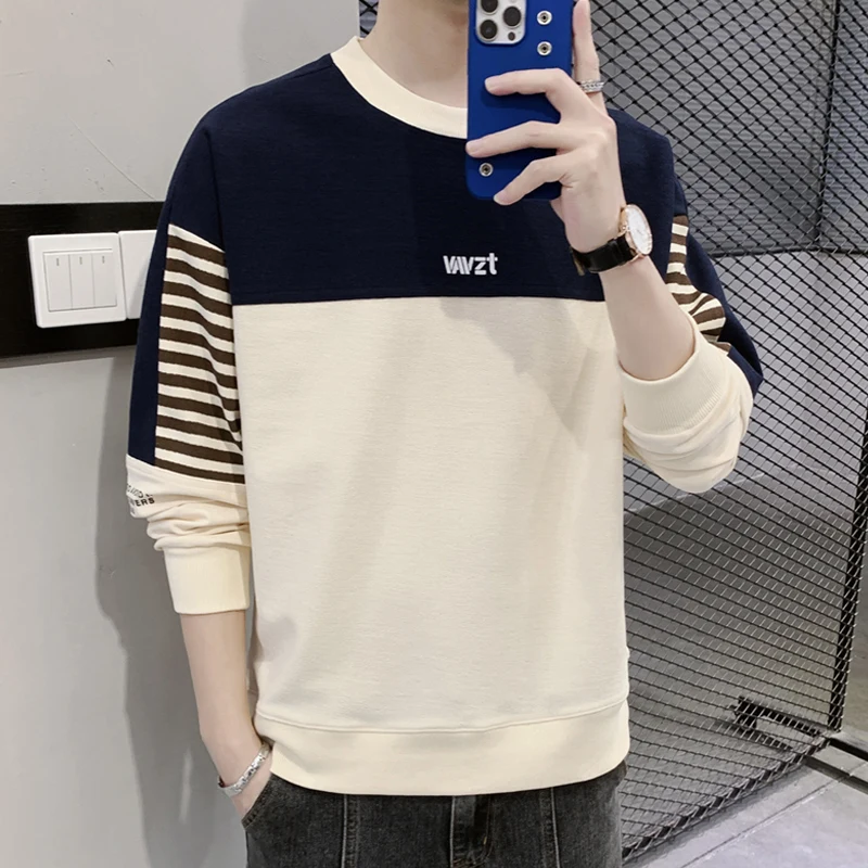 2024 Spring and Autumn Men's New Pullover Round Neck Contrast Letter Print Fashion Loose and Versatile Long Sleeved Sweater