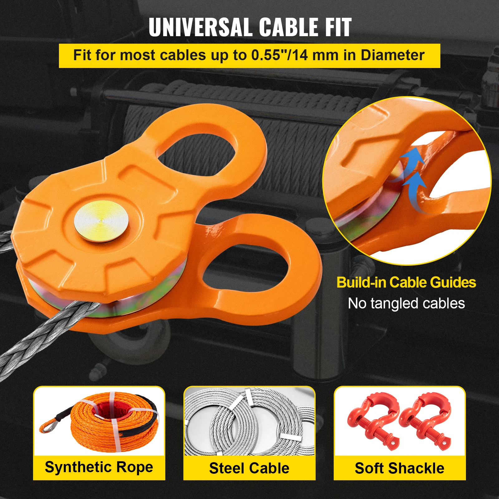 SucceBuy 2pcs 11T Snatch Block Adapt 0.55"/14 mm Synthetic Rope or Soft Shackles Winch Pulley for Tractor Truck ATV & UTV