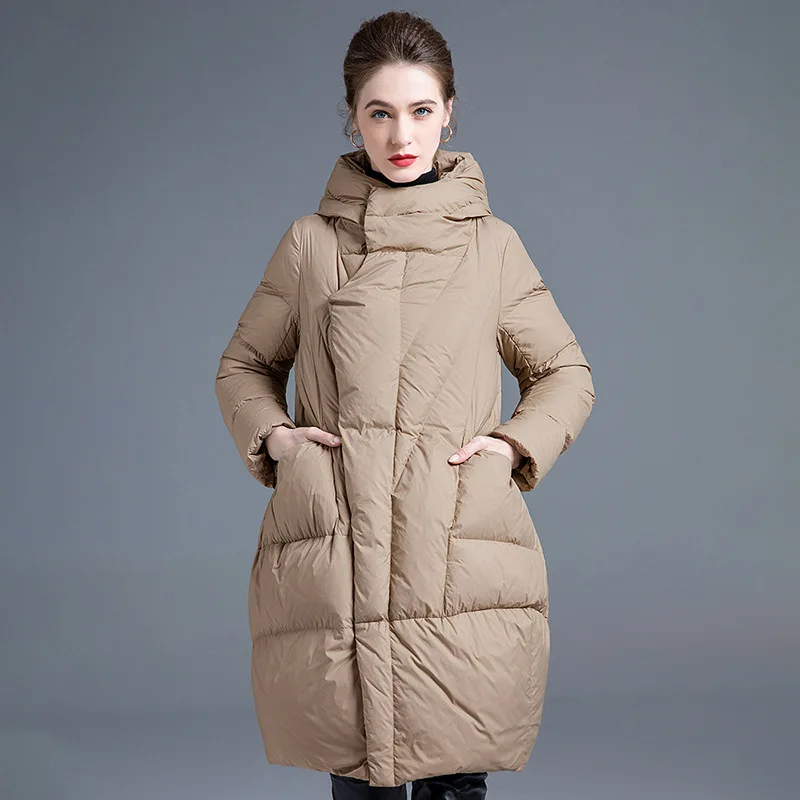

Down jacket women's mid length down coats 2023 Winter new hooded waist slimming large pocket fashion warm down coat women e101