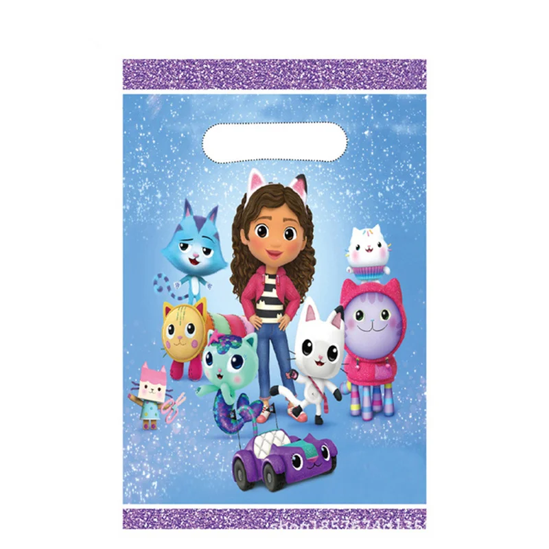 Bolsa de plástico para decoración de fiestas de cumpleaños de niños, bolsa de botín con asa, suministros de decoración para fiestas, regalos, casa de muñecas, gatos, 10/50 piezas(As Picture1 16x25cm