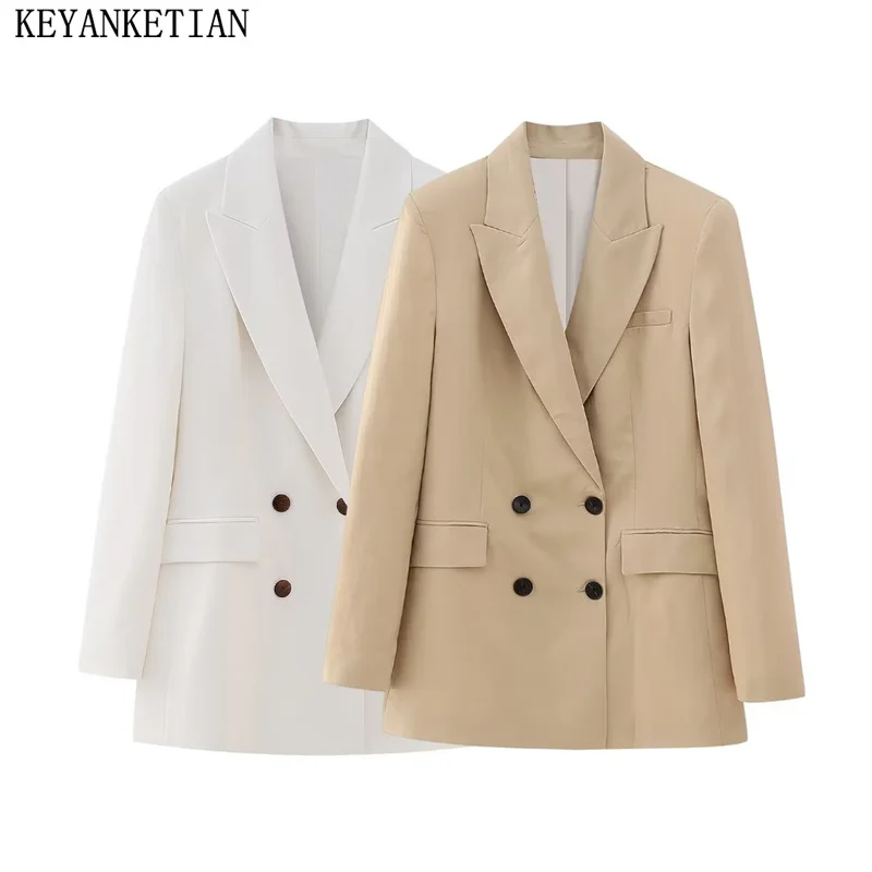 

Осенняя Новинка, женский двубортный облегающий костюм KEYANKETIAN, топ, Офисная Женская верхняя одежда средней длины с разрезом и карманами с клапаном