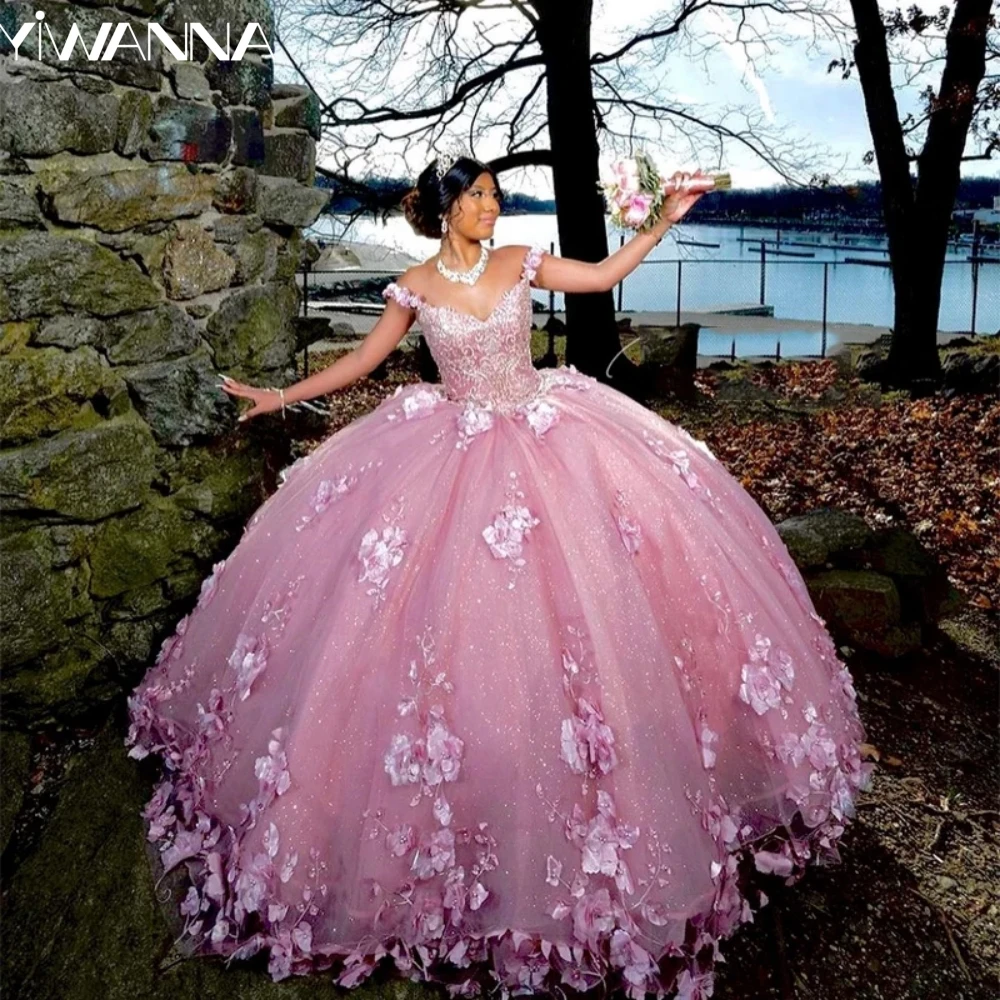 

Pink Off The Shoulder Quinceanrra Prom Dresses Charming 3D Flower Princess Long Glitter Sequins Beads Sweet 16 Dress Vestidos