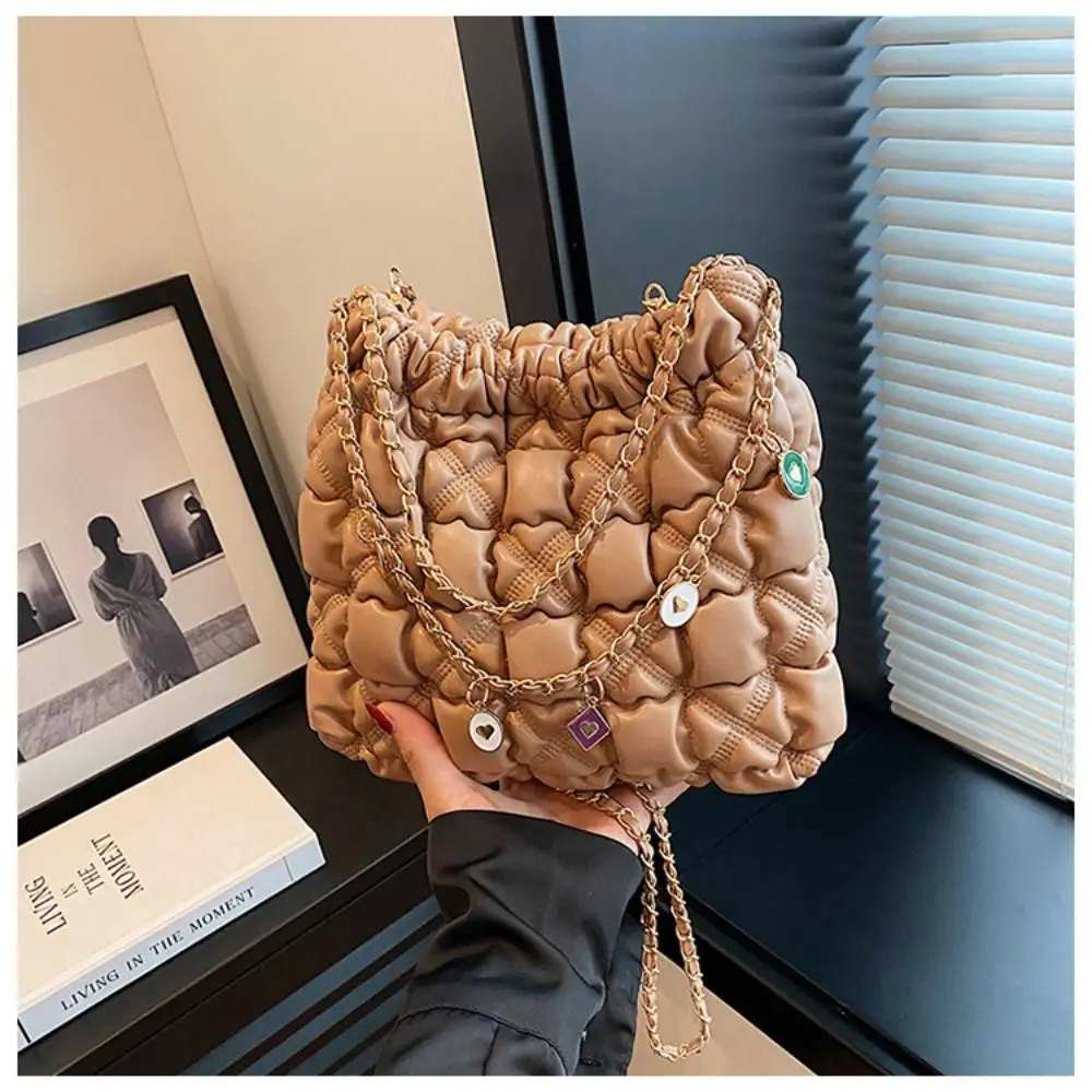 

Large Capacity Shoulder Padded Bag With Chain Cotton Down Tote Messenger Bag Puffy Design Quilted Checkered Handbag Women Girls
