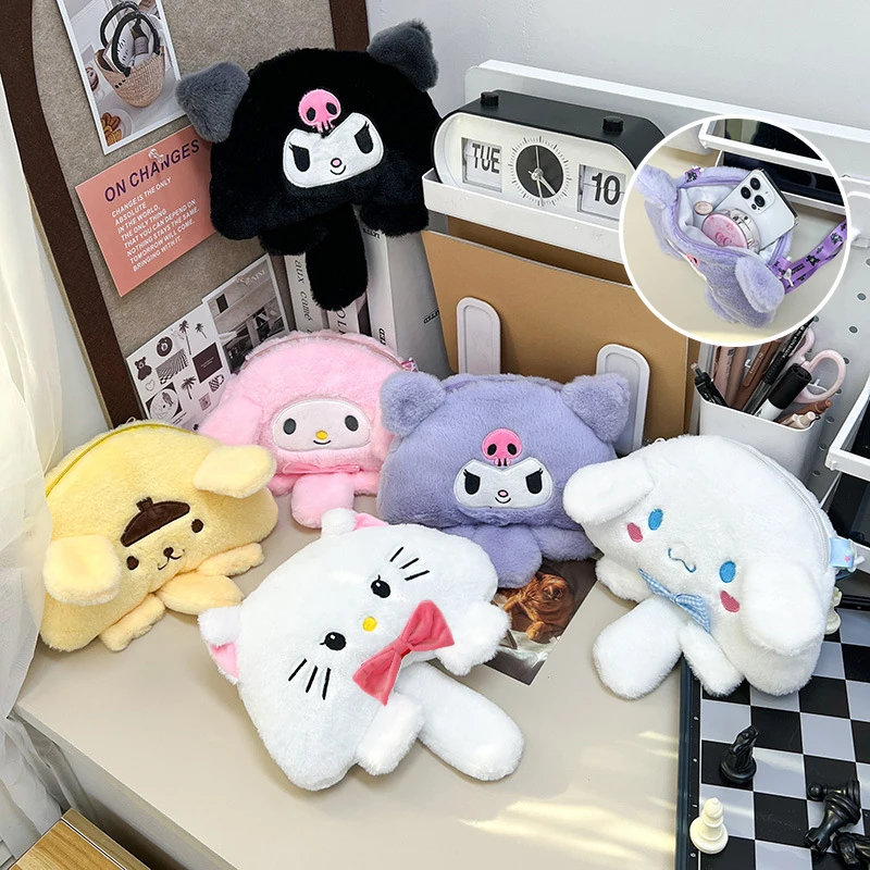 

Sanrio плюшевая сумка мультфильм Kuromi Cinnamoroll Melody Hello Kitty сумка для хранения косметики через плечо регулируемый ремень