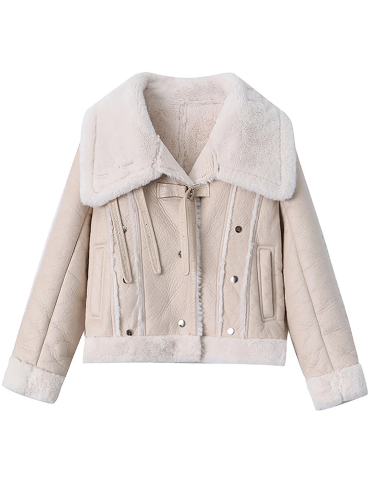 

LY VAREY LIN New Winter Thick Warm Motorcycle Fur Sheepskin Pu Coat Women High Street Loose Lapel Faux Lamb Leather Jacket