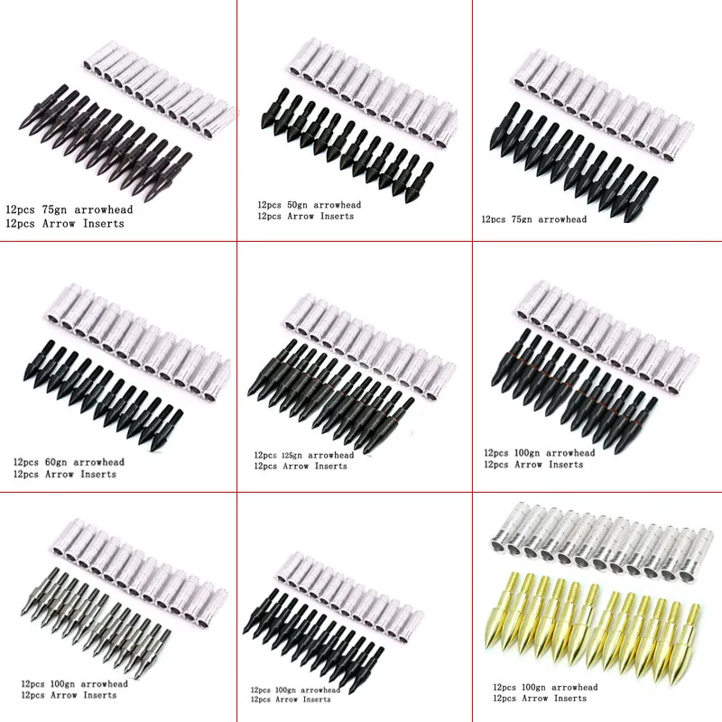 12Pcs Archery iron Target Point 50/60/75/100/150gr Arrowhead + 12Pcs Aluminium Arrow Insert fit ID 6.2mm OD 7.6mm Arrows Shaft