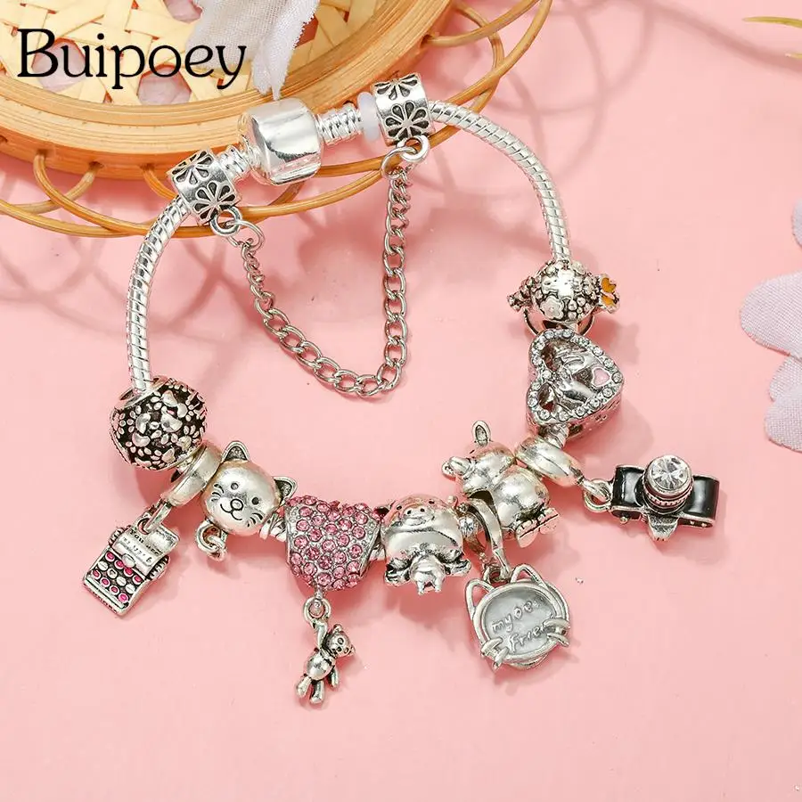 

Buipoey, розовые шарики, бусины, кот, сердце, очаровательные браслеты для женщин, DIY бусина серебряного цвета браслет и браслет, ювелирные изделия