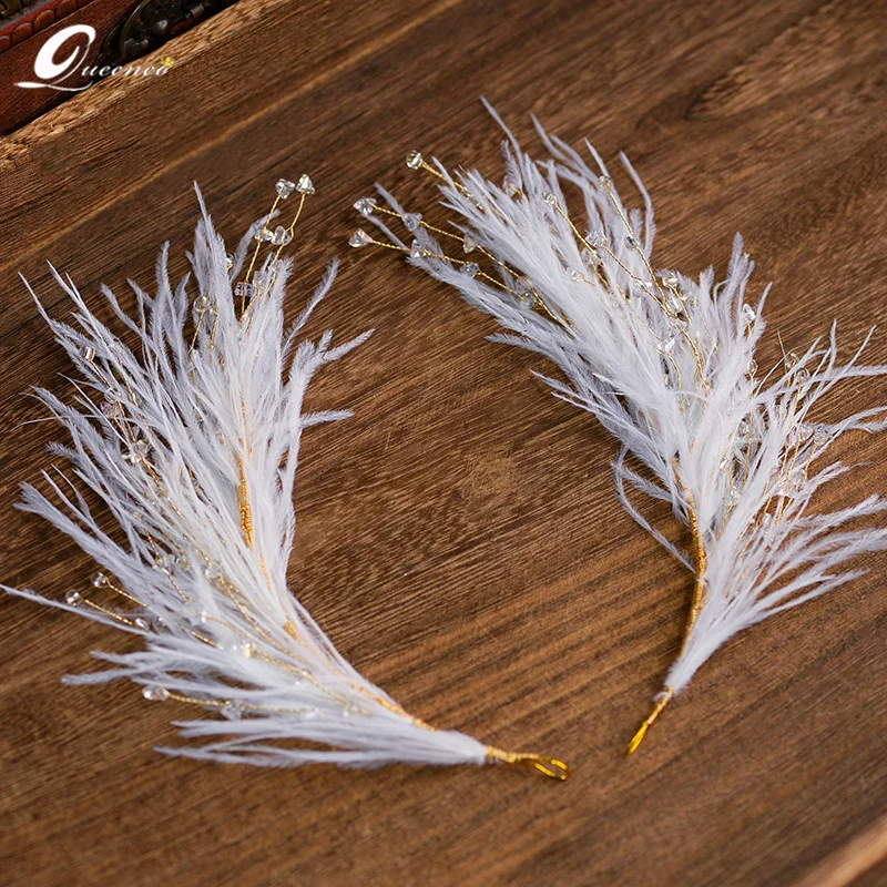 

2 Pcs Feather Crystal Hair Accessories For Women Wedding Jewelry Girls Hair Vine Tiara Bride Decoration Headbands Bridal