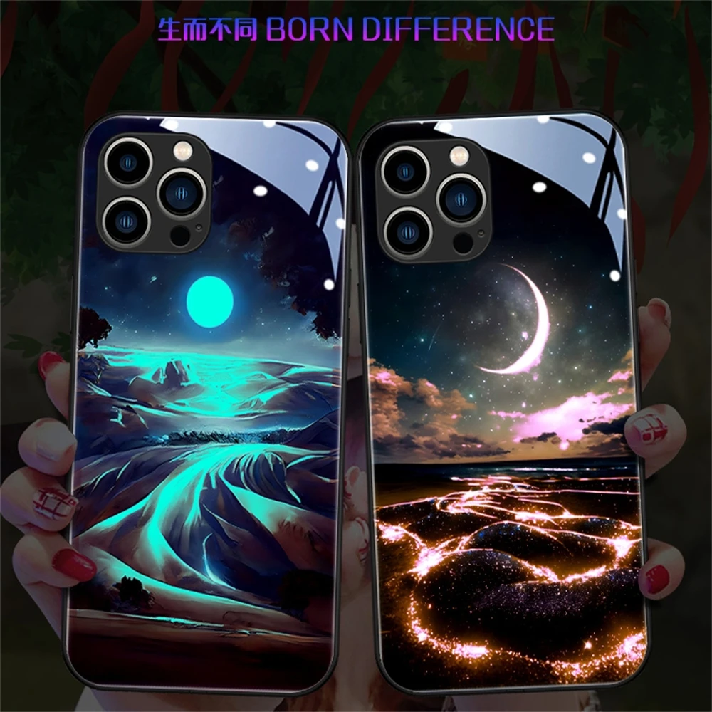 Blue Starry Desert Luminous Glass LED Call Light Up Phone Case For Samsung S24 S23 S22 S21 S20 FE Note 10 20 Plus Ultra A54 A14