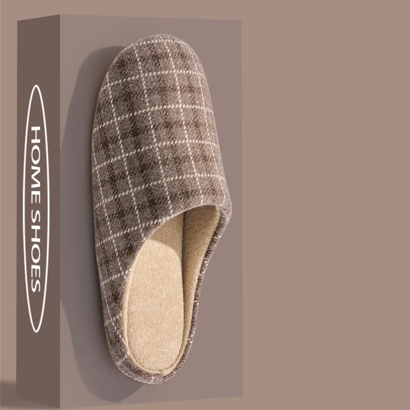 Men's Spring And Autumn Home Mute Slippers Plaid Design Bedroom Wood Floor Comfortable Soft Bottom Non-slip Mute Couple Style - 1