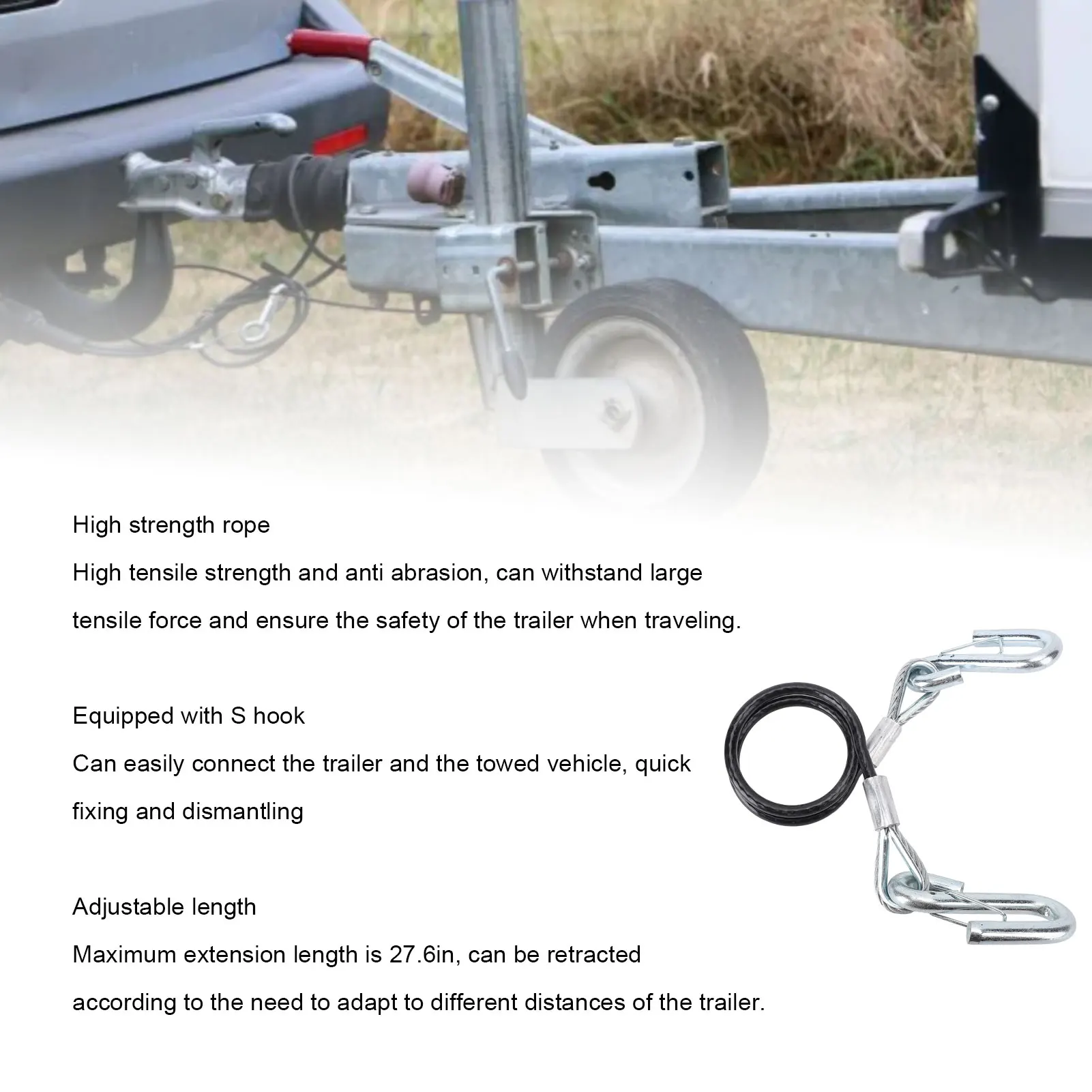 Trailer Safety Towing Cable With S Hook 3500lbs Load Bearing 27.6in Maximum Extension Length Spring Towing Rope For RV trailer towing cable