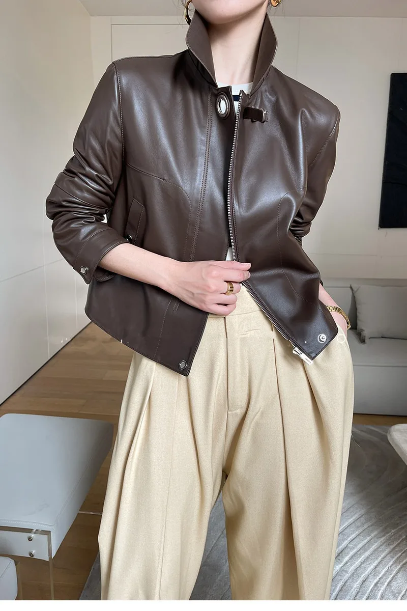여성용 진짜 가죽 짧은 재킷, 하이엔드 양가죽 슬리밍, 신상 가죽 재킷, 인기 판매, 가을 패션