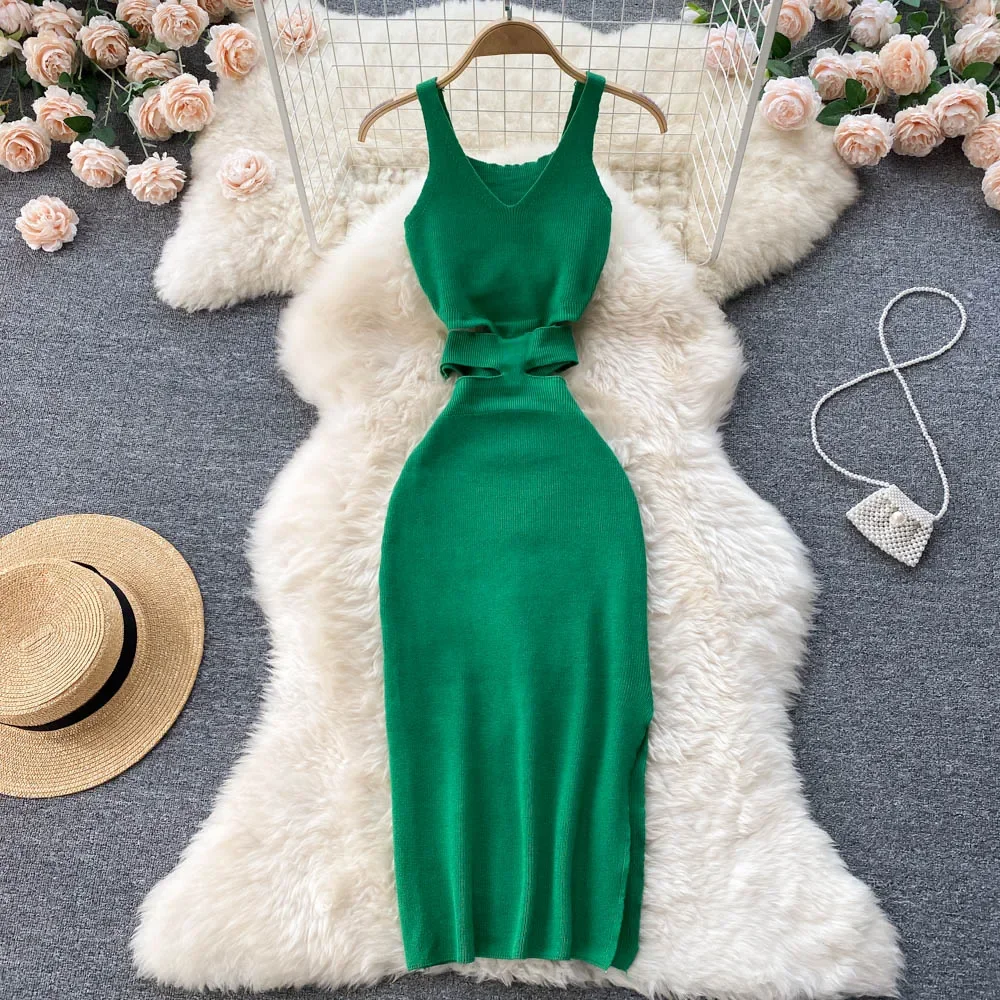 YuooMuoo شيك موضة مثير التفاف الوركين سبليت محبوك فستان صيفي المرأة قطع الخصر Bodycon فستان طويل الشارع الشهير الزي Vestido