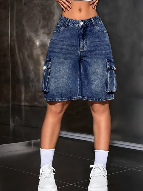 Women's Multi-Pocket Bermuda Blue Overalls